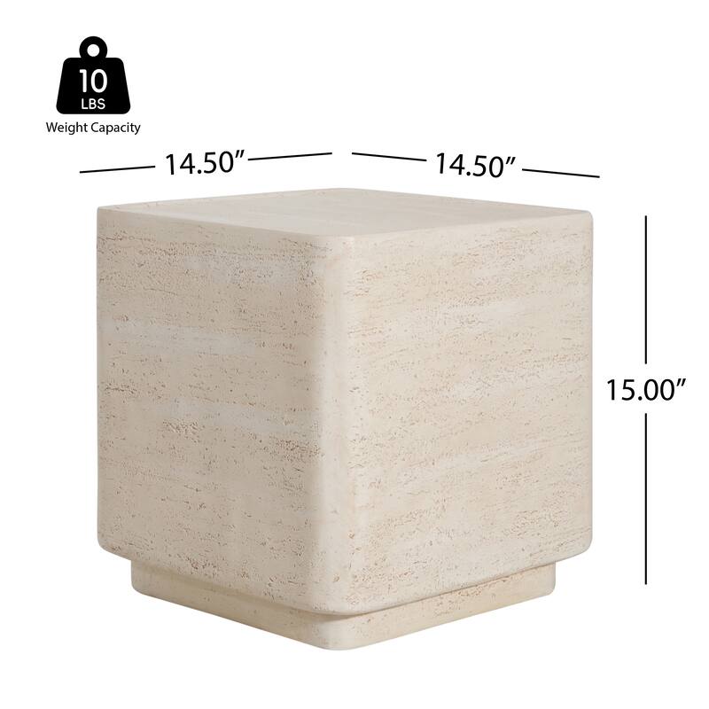 Roomfitters Daphne Outdoor MGO Side Table with Travertine Look, Square Modern Accent, Beige Finish