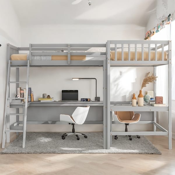 slide 2 of 24, Wood Twin Size L-Shaped Loft Kids Bed Frame with Ladder, 2-Built-in Desks, No Box Spring Required, Easy to Assemble, Grey Grey