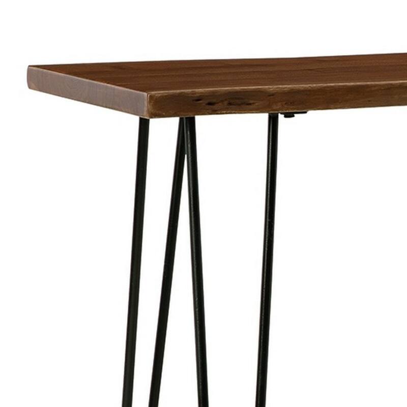 70 Inch Counter Height Dining Table, Light Brown Wood, Black Metal Legs