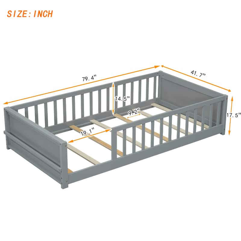 Twin Size Pine Wood Floor Platform Bed with Built-in Book Storage Rack and Fence