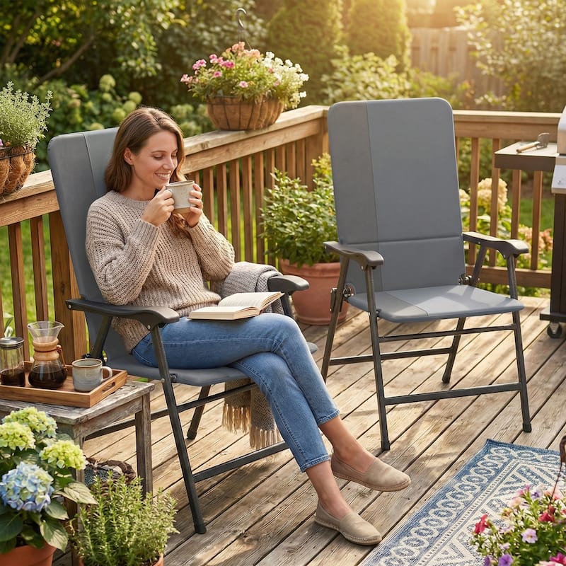 Outsunny Folding Patio Chairs Set of 2, Padded High Back Folding Lawn Chairs with Armrests, 600D Oxford Fabric - Light Gray