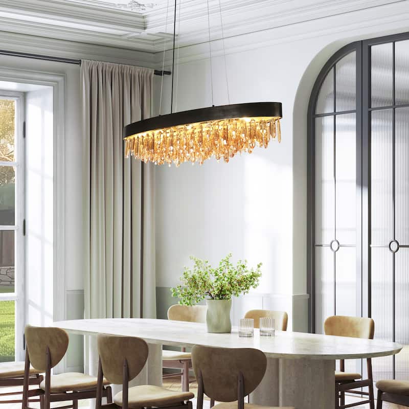 Modern 10-Light Black Gold Crystal Chandelier for Kitchen Island Dining Room - W 41.5" x H 12" x D 10.5"