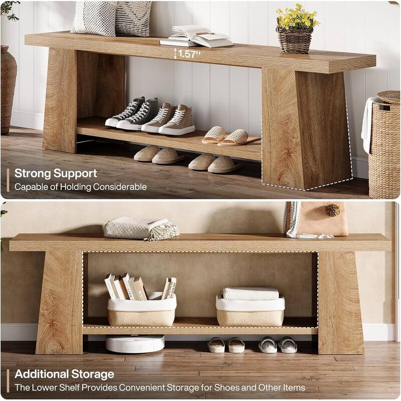 2-Tier Entryway Bench, 59-Inch Extra Long Shoe Bench with Storage