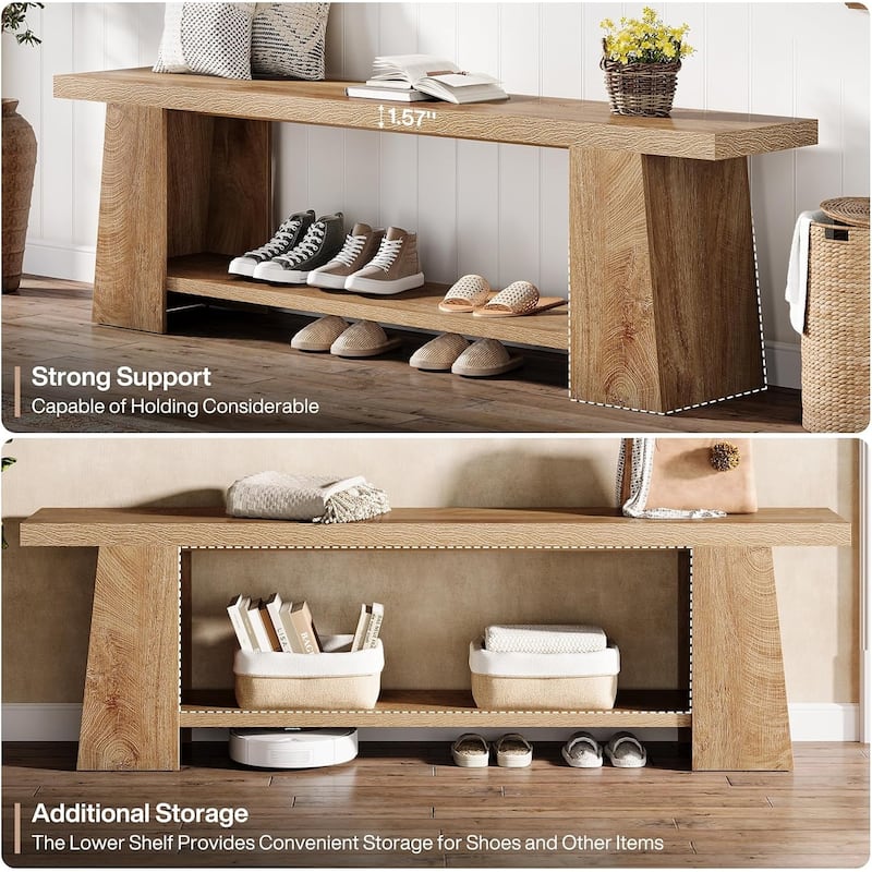 2-Tier Entryway Bench with Storage Shelves for Entryway, Bedroom, Living Room, Natural