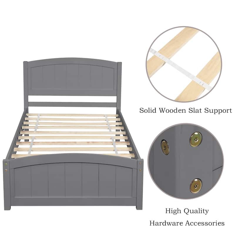 Wood Frame Platform Bed with Vertical Stripe Curved Headboard and Footboard, Panel Bed Slat Bed, Guest Room Furniture