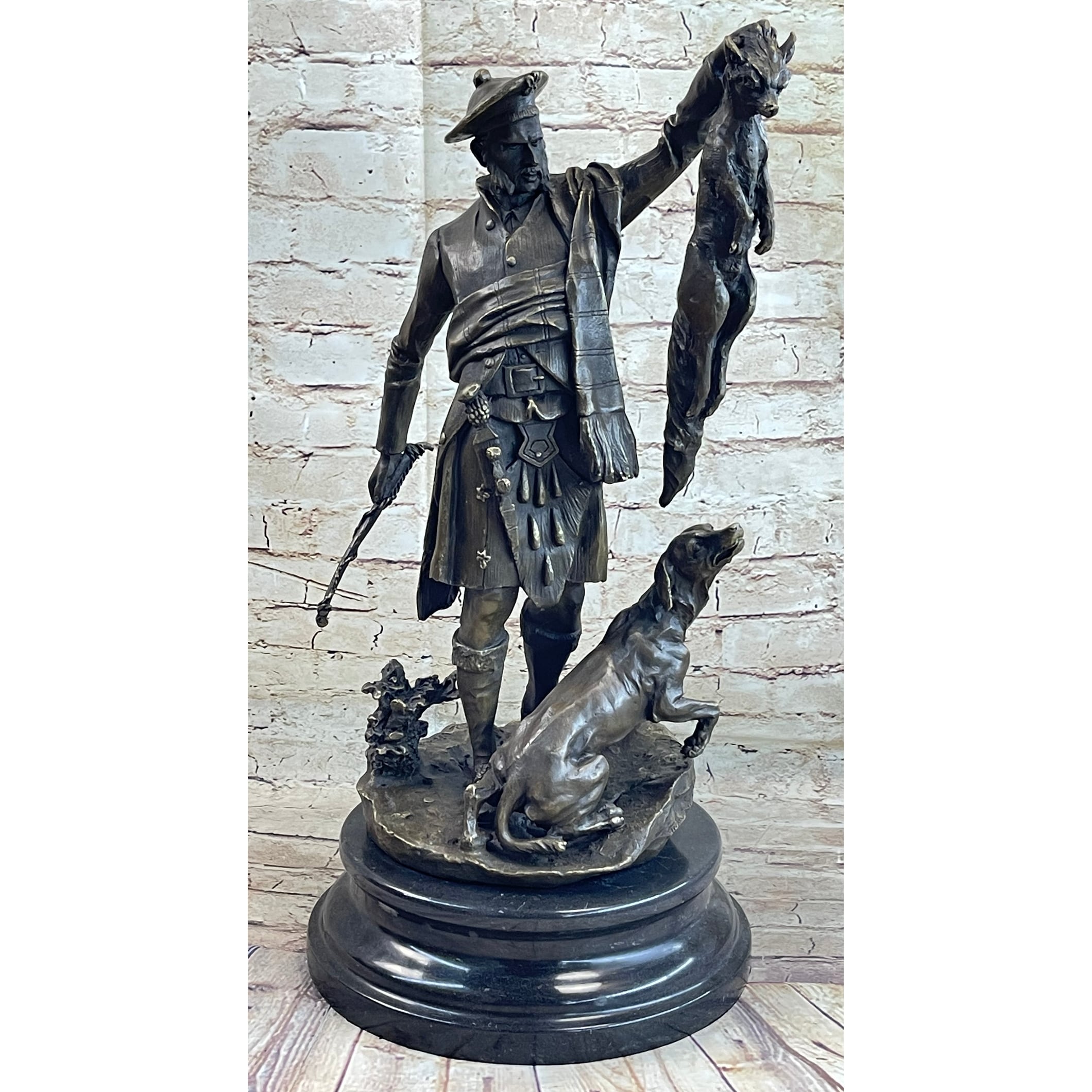 Scottish Hunter W/ Imitative Dog Bronze Statue Sculpture Figure Marble Base Signed Original 22 Inches X 11.5 Inches