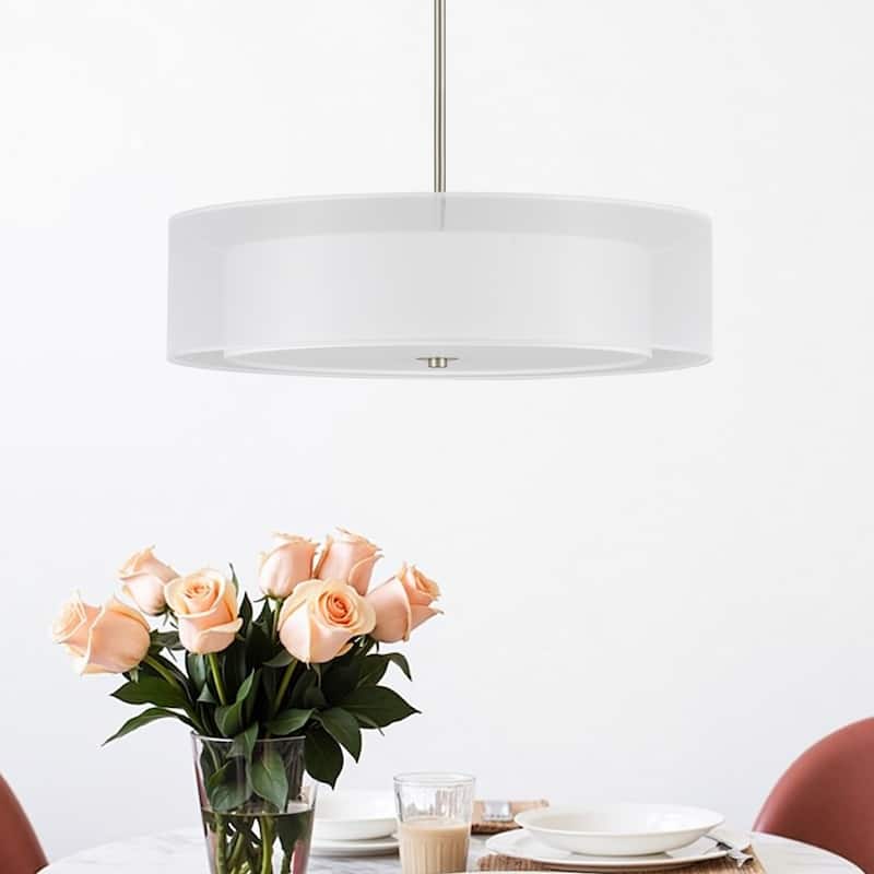 CO-Z 3-Light 20"W Double Drum Fabric Semi Flush Mounyt Pendant Chandelier - Brushed Nickel with White Shade