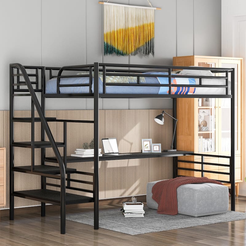 Roomfitters Metal Loft Bed Frame with Desk, Space Saving Design, Twin, Black - Black - Twin