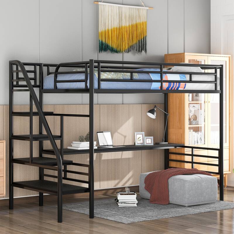 Twin Loft Bed Frame with Desk, Black Metal, No Box Spring Needed - Black