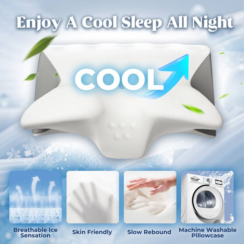 Cooling Gel Memory Foam Contour Pillow, OX Horn Cervical Pillow - White & Grey - White & Grey