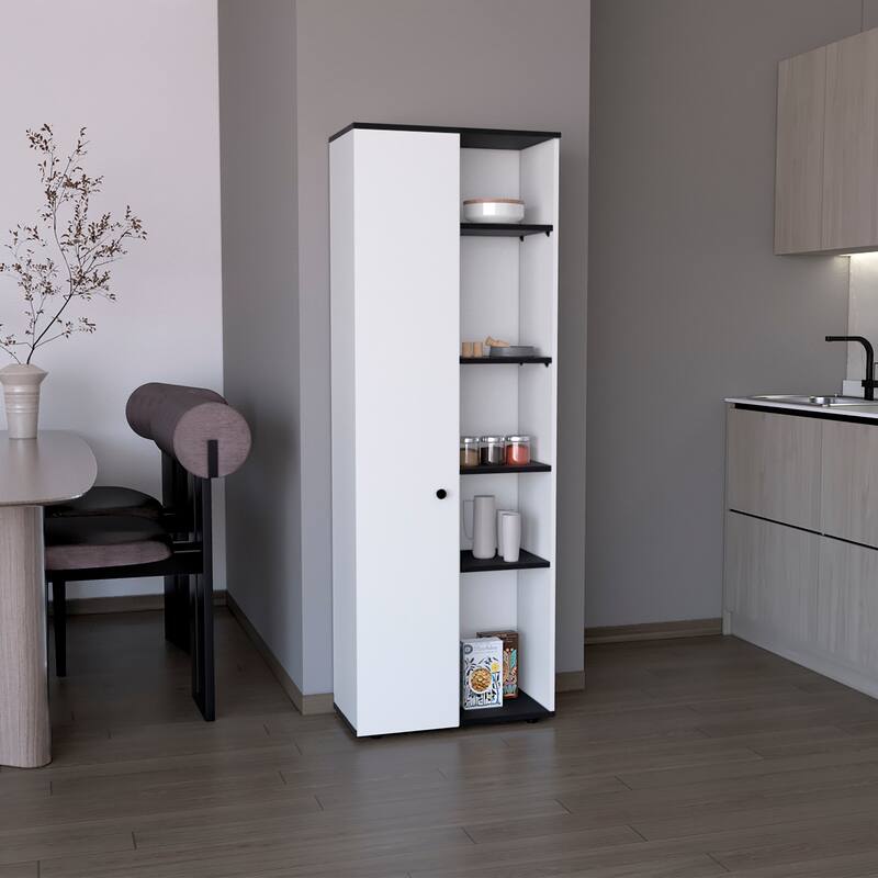 DEPOT E-SHOP Cary 67" H Kitchen Storage Cabinet With One Door, Five Interior Shelves and Five Exterior Shelves,White/Black