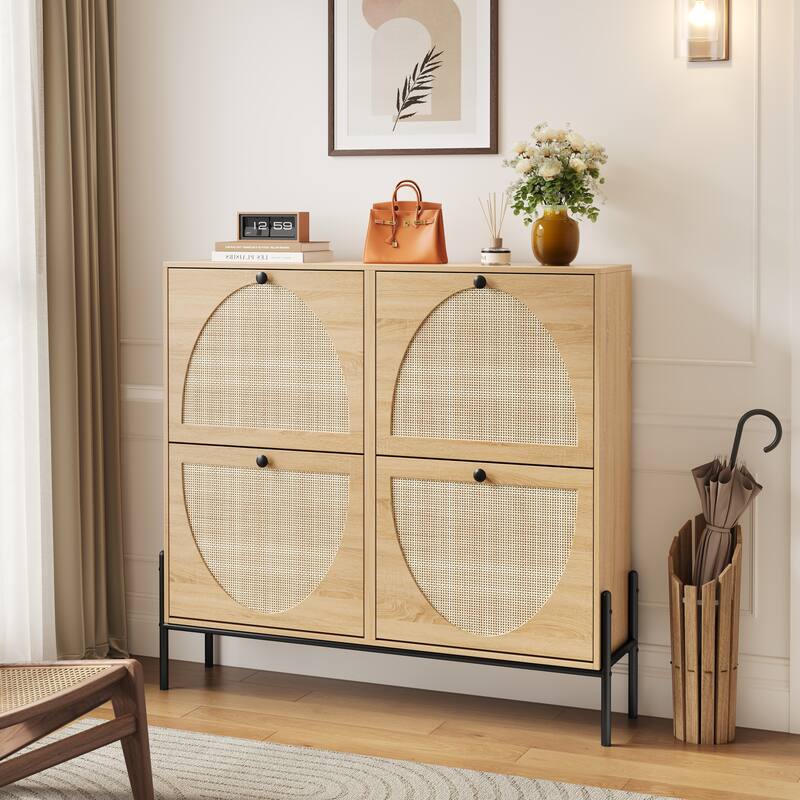 Space-Saving Rattan Shoe Cabinet with 4 Flip-Down Doors-Elegant Narrow Storage for Entryways & Hallways