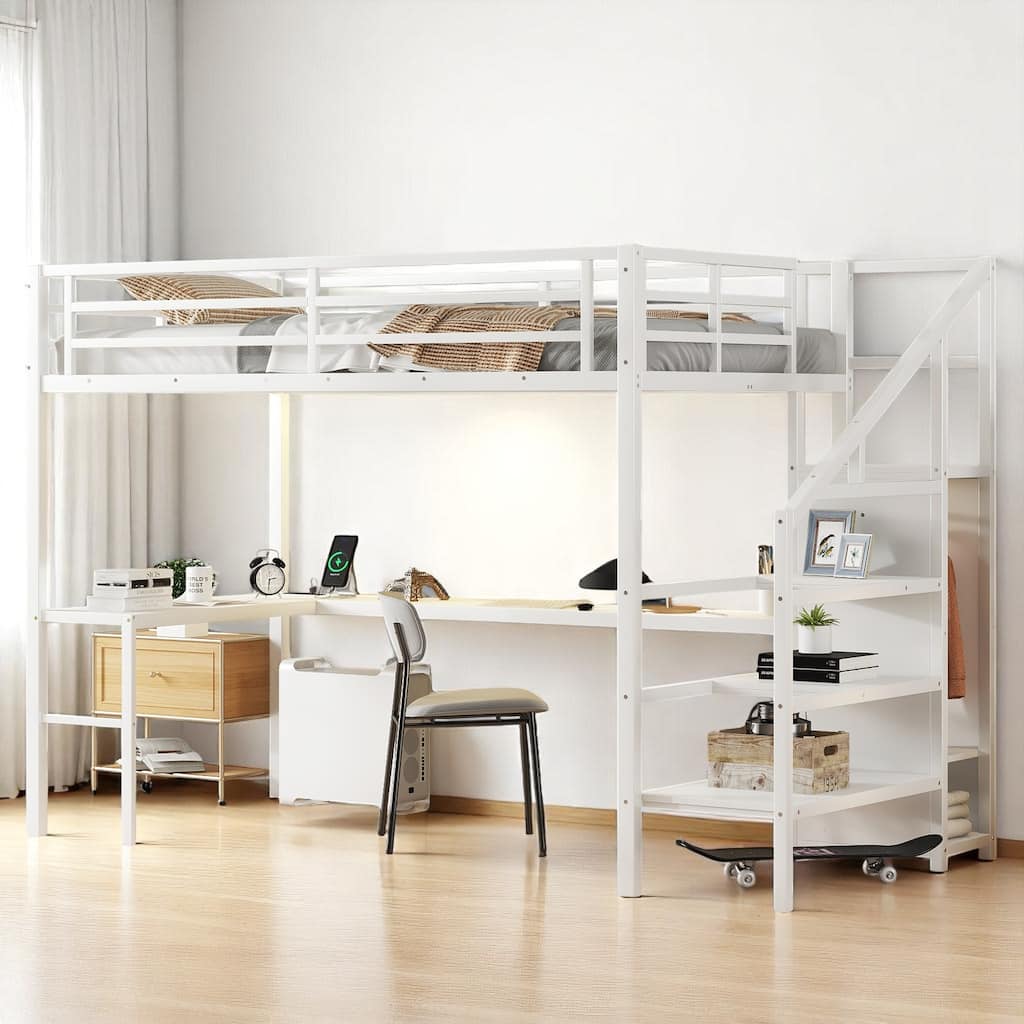 Twin XL/Full Size Loft Bed with Desk, Wardrobe, LED Lights & USB Port, Metal High Bed Frame with Stairs