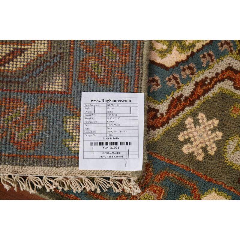 Green Geometric Kazak Runner Rug Hand-Knotted Traditional Wool Carpet - 2'8"x 9'8"
