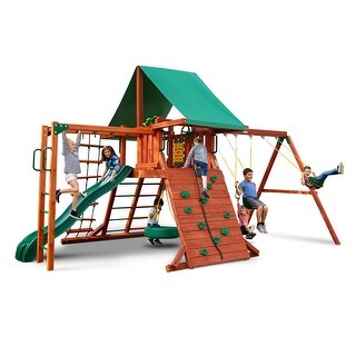 Gorilla Playsets Sun Valley II Wooden Swing Set with Green Vinyl Canopy and Monkey Bars - Redwood