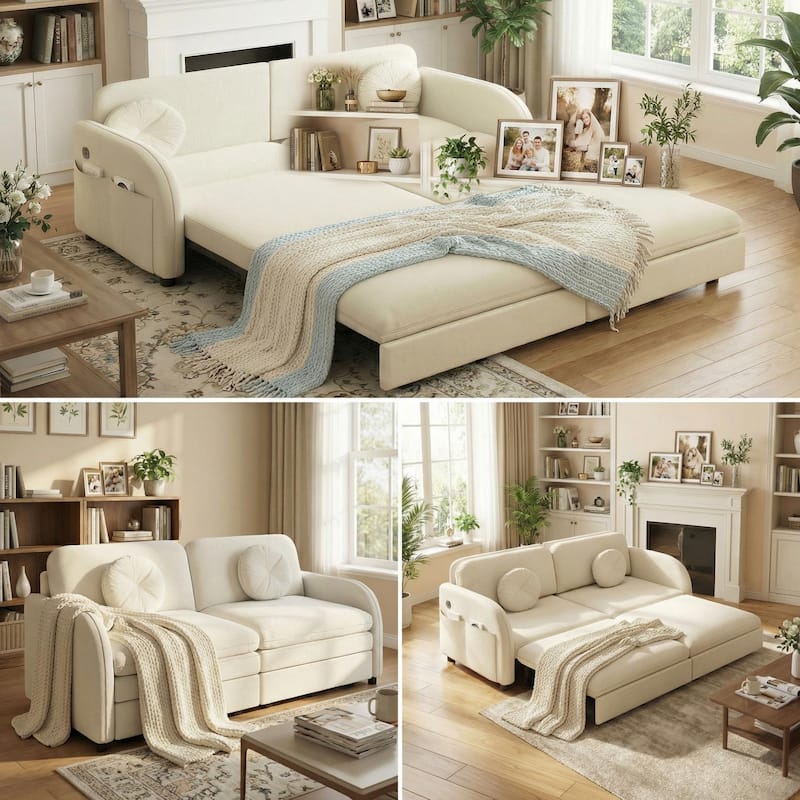 Homy Casa 3-in-1 Convertible Sleeper Sofa Bed, Pull-Out Couch w/ USB, Side Pocket & 4 Pillows, Chenille, 2/3/4-Seat