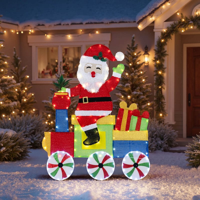 Costway Lighted Santa on Train Christmas Decoration with LED Lights - as pic shows - See Details