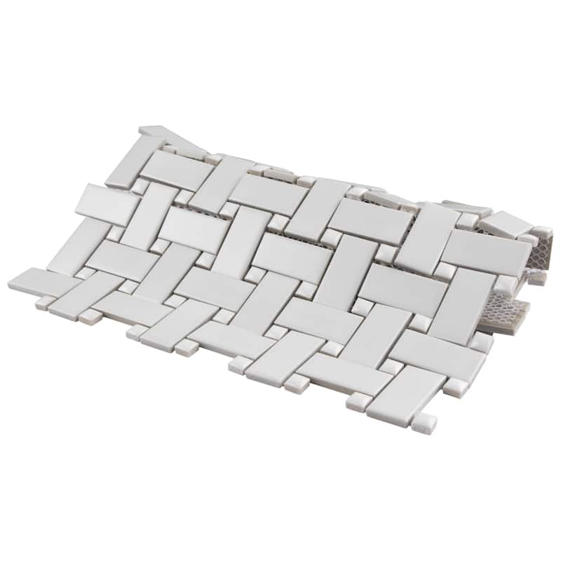 Merola Tile Metro Basketweave White w/ Glossy White Dot 11-3/4" x 11-3/4" Porcelain Floor and Wall Tile