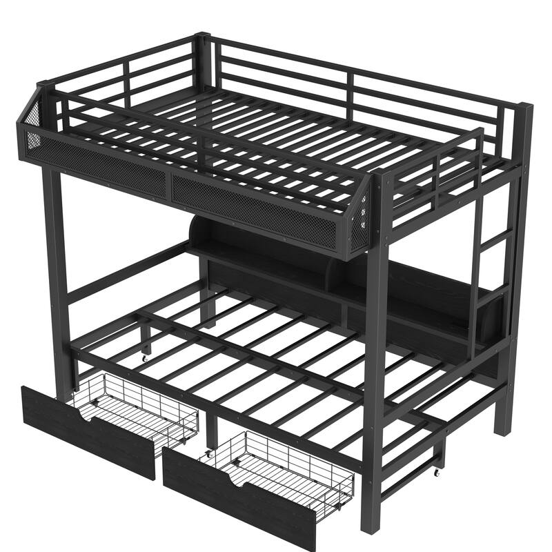 Twin XL over Twin XL Bunk Bed with Lower Bed Converted into Sofa, USB Ports, LED Lights, Storage Shelves and Underbed Drawers