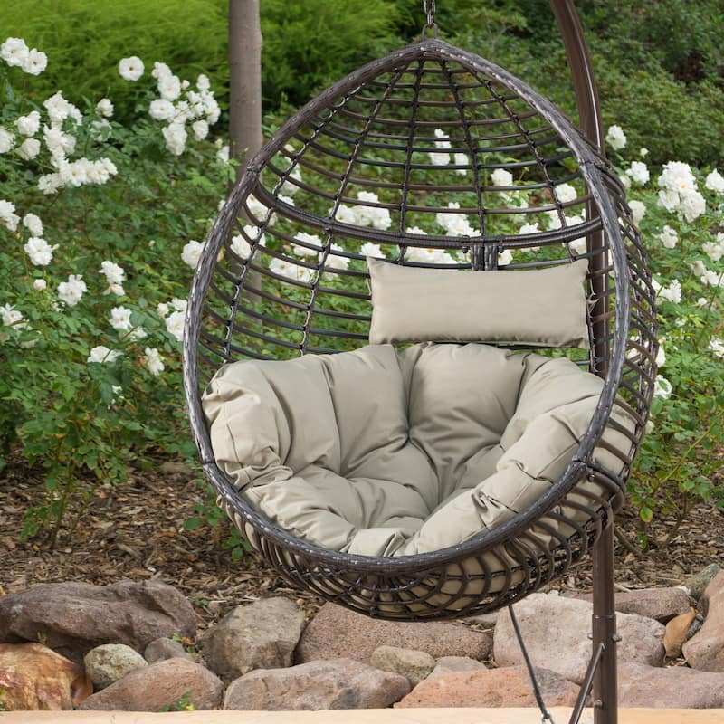 Roomfitters Outdoor Hanging Egg Chair with Woven Rattan Frame and Plush Cushion, Stand Not Included