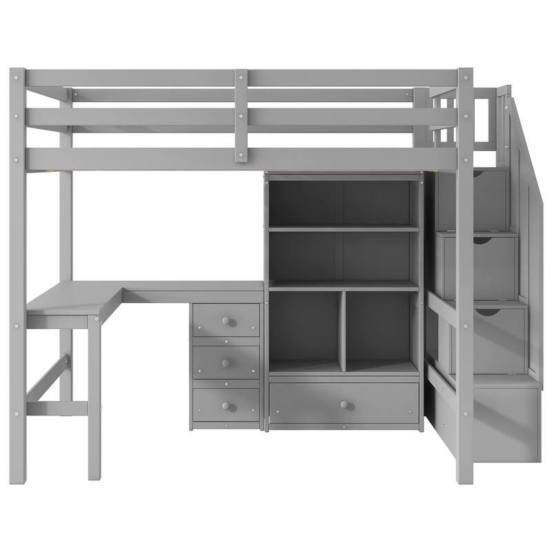 Twin/Full Loft Bed with L-Shaped Desk and Storage Staircase, Multi-Functional Solid Wood Loft Bed Frame with Drawers & Bookcase