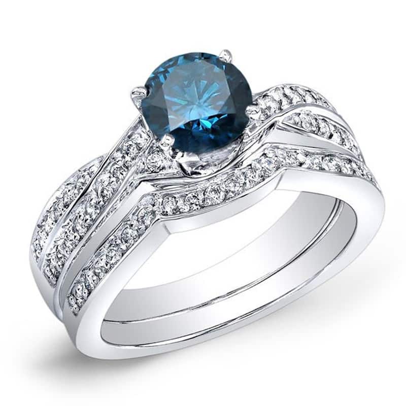 Auriya 14k Gold 3/4ctw Twisted Round Blue Diamond Engagement Ring Set - White - 4