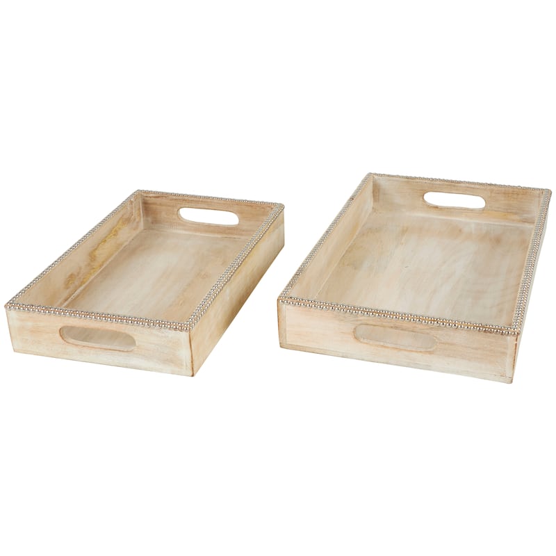 Mango Wood Tray with Silver Beaded Rim - Set of 2 Light Brown - Roche River Decor - 12"W x 19"L x 3"H