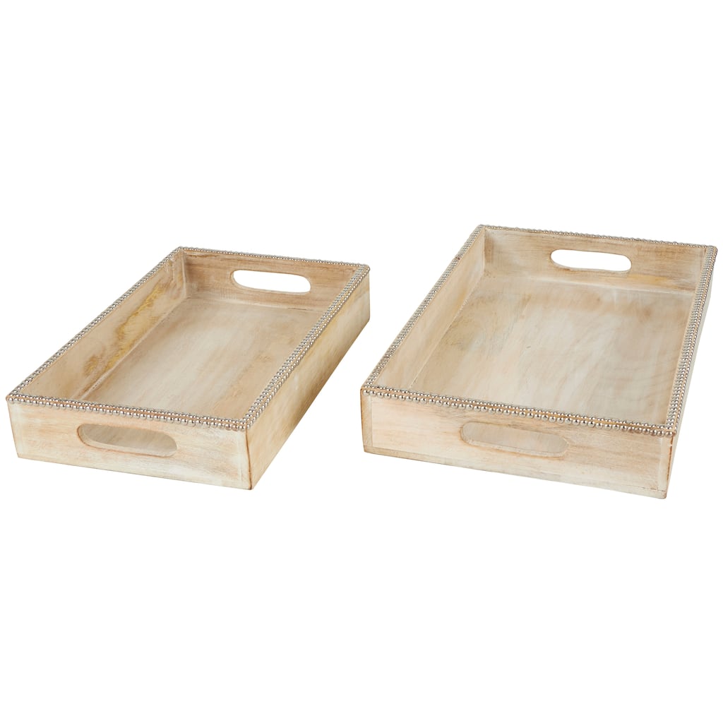 Mango Wood Tray with Silver Beaded Rim - Set of 2 Light Brown - Roche River Decor - 12"W x 19"L x 3"H