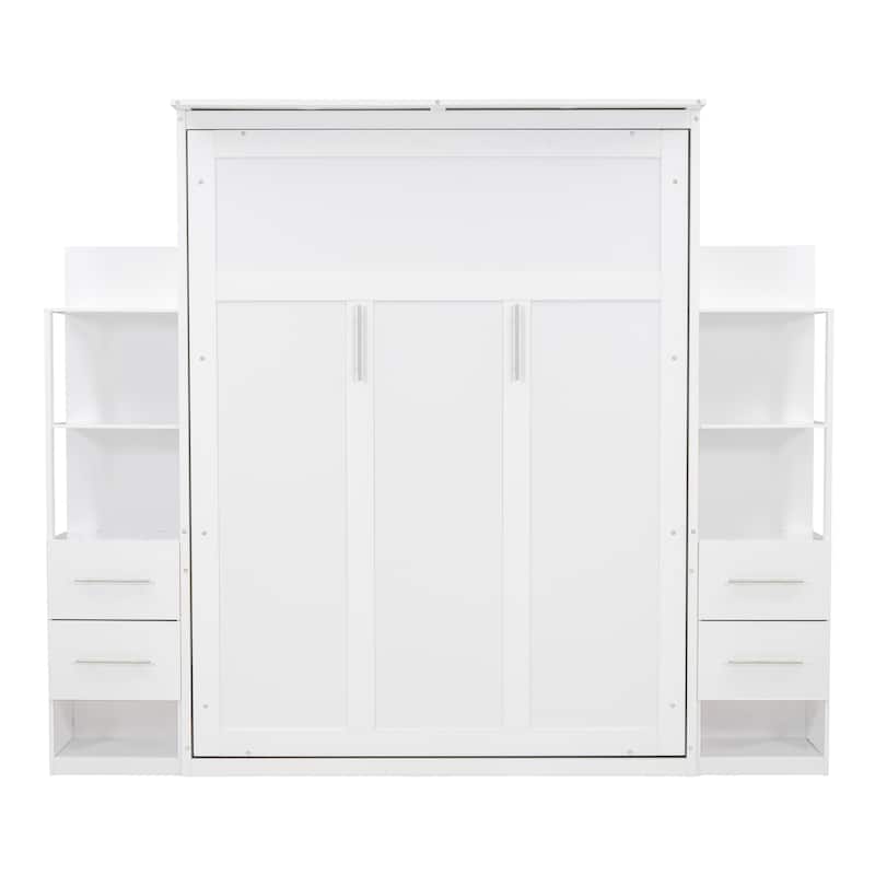 Murphy Bed Foldable Bed with Two 4-Layer Shelves Space Optimizing Wall Bed with 4 Drawers and LED Lights for Bedroom Apartment