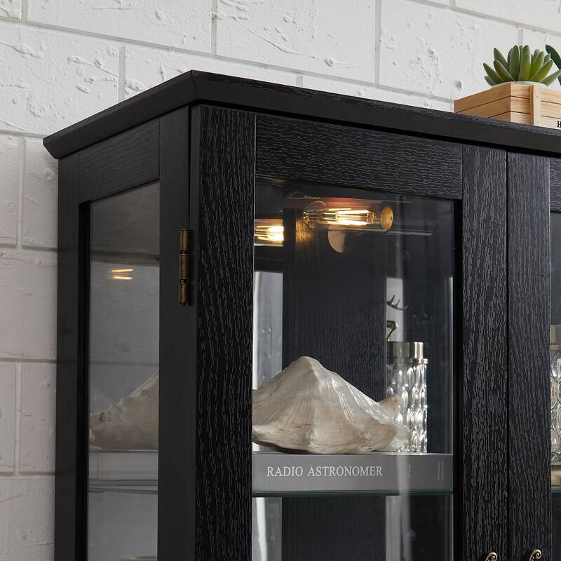 GDFStudio - Traditional Storage Lighted Curio Display Cabinet with Glass Doors and Drawer