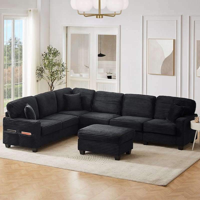 125.2" Modern Corduroy Upholstered U-shaped Sectional Sofa with Movable Ottoman and Side Storage Pockets - Black