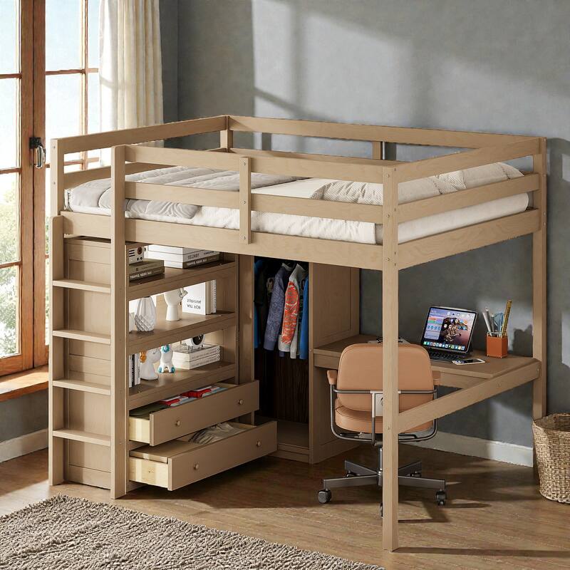 Full Size Wood Loft Bed with Wardrobe, Desk, Storage Shelves and Drawers, Space Saving Design, No Box Spring Needed