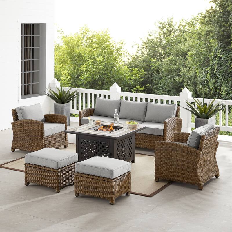 Crosley Bradenton 6Pc Outdoor Wicker Sofa Set W/Fire Table - 150.5 "W x 135 "D x 32.5 "H