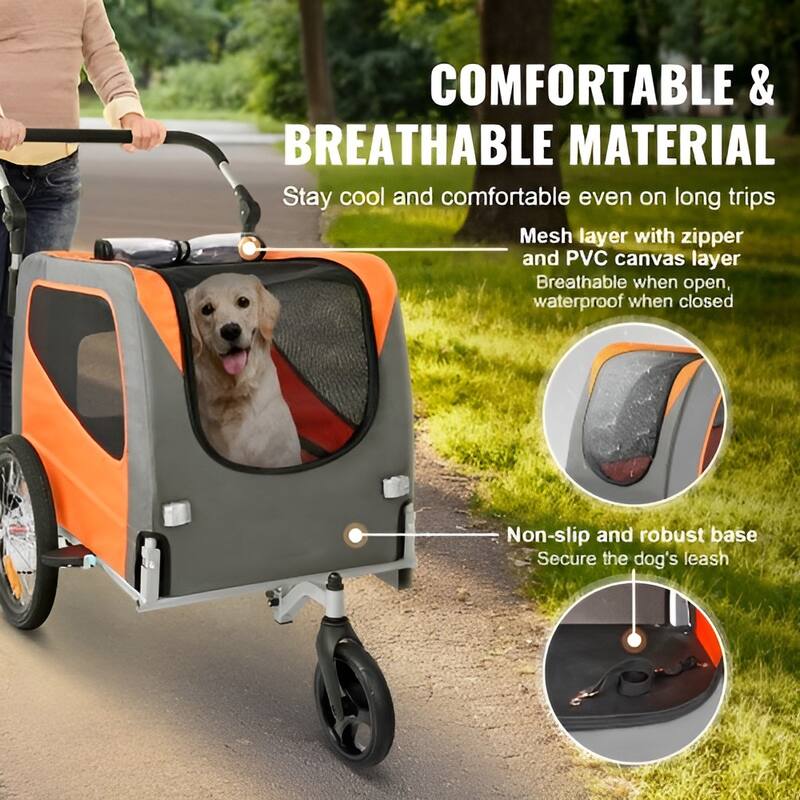 Orange-Grey Steel Pet Stroller Trailer, 2-in-1, Foldable, 66lb Max Capacity - 30.1" L x 21" W x 20.8" H