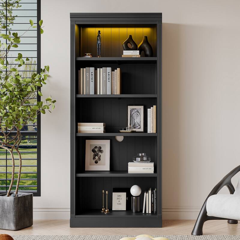 83" Tall 5-Tier Wood Bookcase Classic Solid Color Bookshelf with Adjustable Shelves, LED Light Bar, Open Display Storage Cabinet