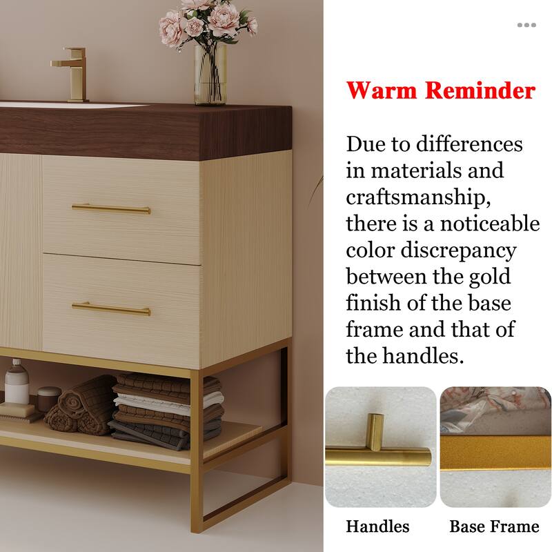36 Inch Modern Bathroom Vanity with Seamless Ceramic Sink, Freestanding Cabinet with Gold Accents and Storage