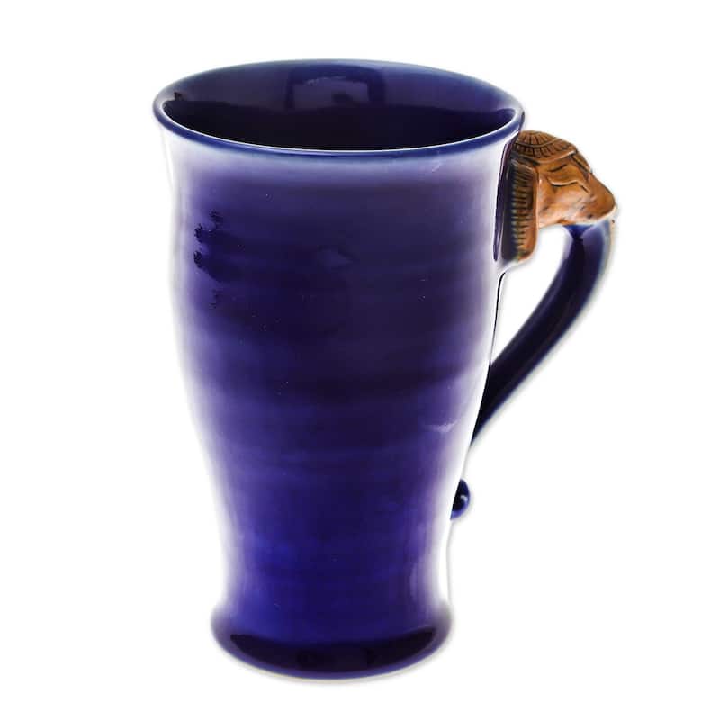 Handmade Elephant Handle In Blue Ceramic Mug (Thailand)