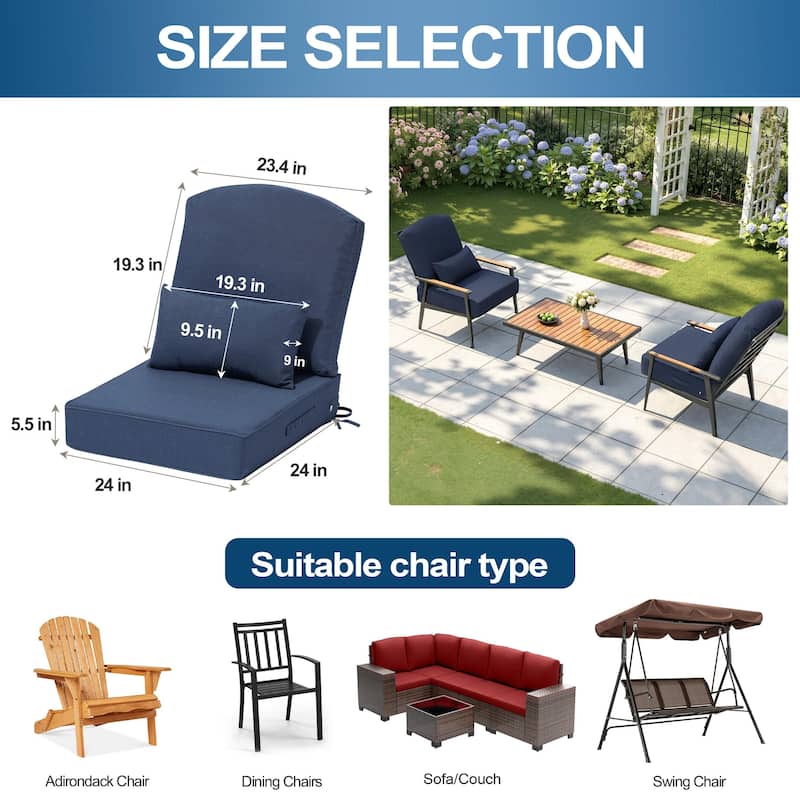 24 x 24 x 5.5 in Patio Premium Fabric Outdoor Seat Cushions Set (Seat & Back) with Pillow
