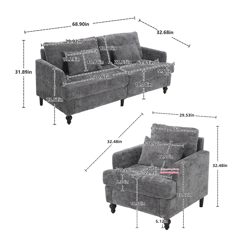 HOMEFUN Chenille Upholstered Wood Frame Loveseat with Armchair for Living Room