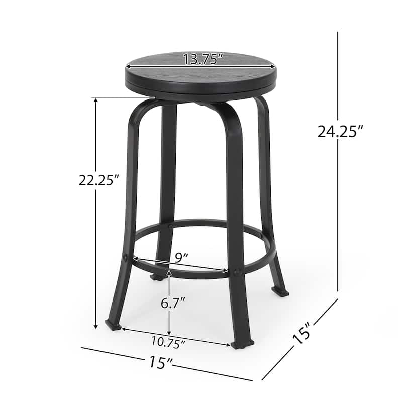 Lni Swivel Counter Stool Set of 2, Faux Wood Seat w Curved Black Metal