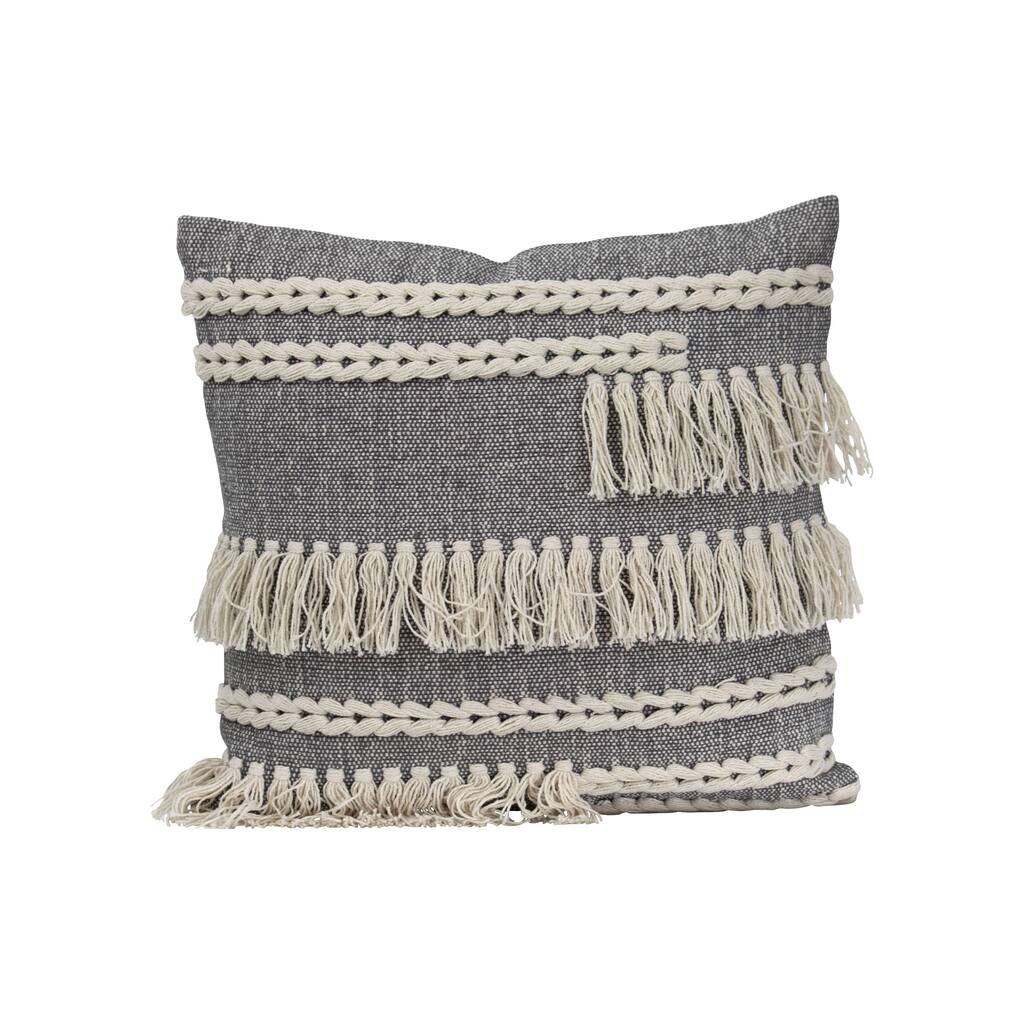 Foreside Home & Garden Gray Hand Woven 20x20" Cotton Decorative Throw Pillow with Hand Tied Fringe