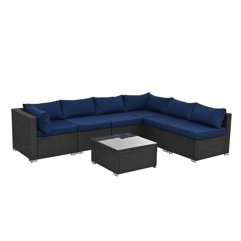 Blue 7-piece Outdoor Patio Sectional Set with Glass Table