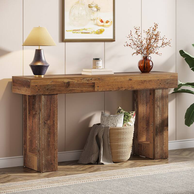 63-Inch Farmhouse Wooden Sofa Console Entryway Table for Living Room
