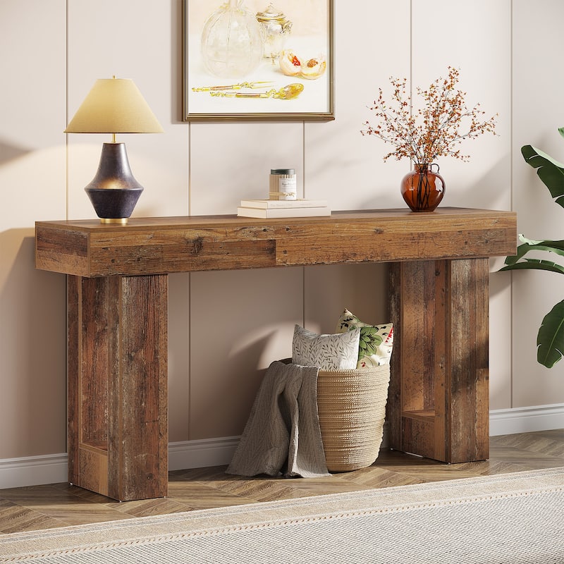 Farmhouse Console Table, 63-Inch Long Narrow Sofa Table Behind The Couch - Brown