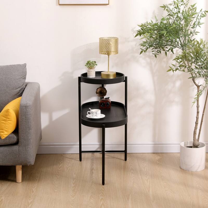 Modern 2-Tier Sofa Side Table with Storage - Black Metal Frame & Wooden Tray