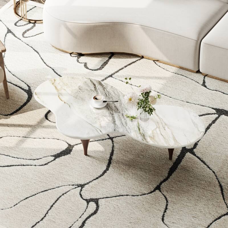 54.8" Modern Coffee Table, Glossy Faux Marble top, Metal Legs with wood texture