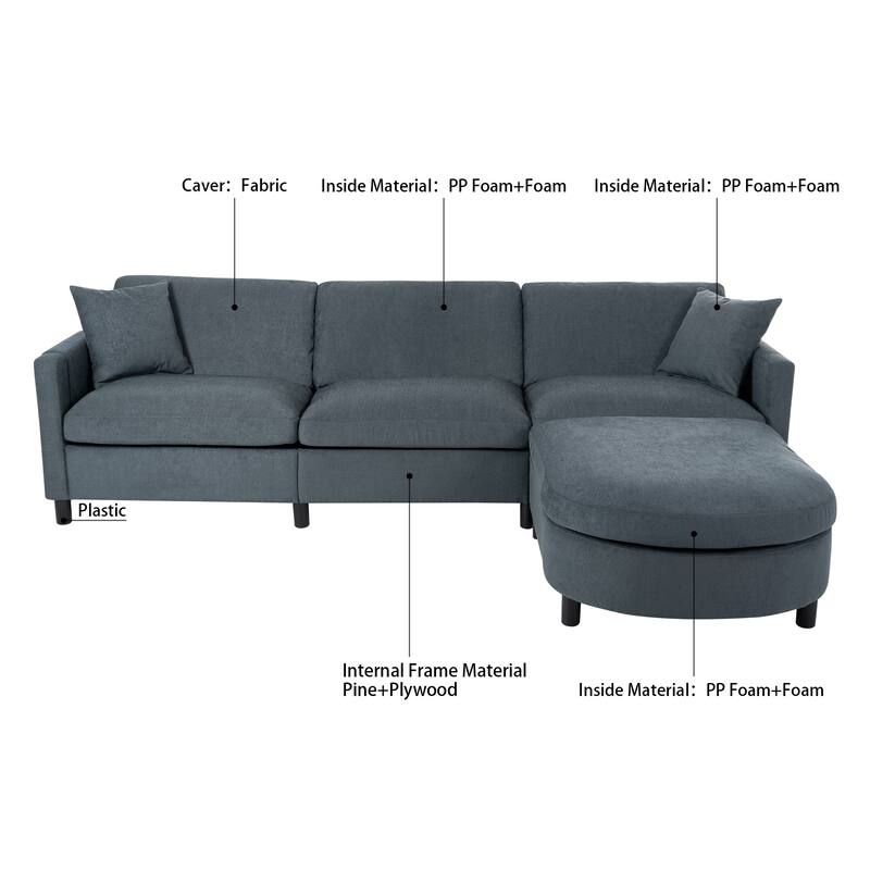 L-Shaped Sectional Sofa with Ottoman, Oversized Upholstered 3-Seater Sofa, Corner Sofa with 2 Side Pockets & Removable Cushion