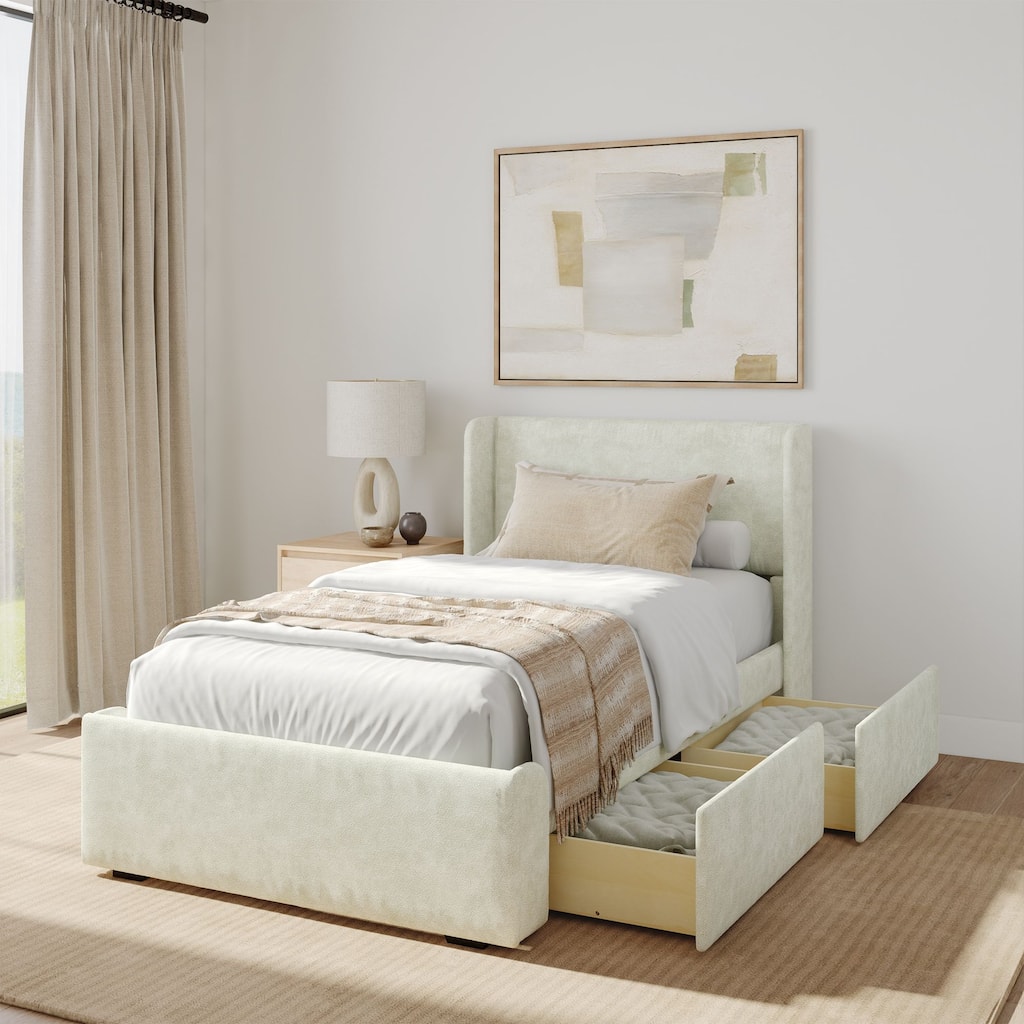 Plank and Beam Twin-Size Upholstered Bed with Rectangular Headboard