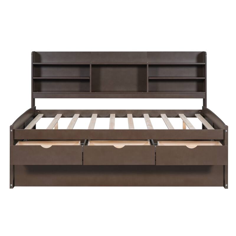 Antique Gray Full Size Wooden Captain Platform Bed with Built-in Bookshelves, Three Storage Drawers and Trundle