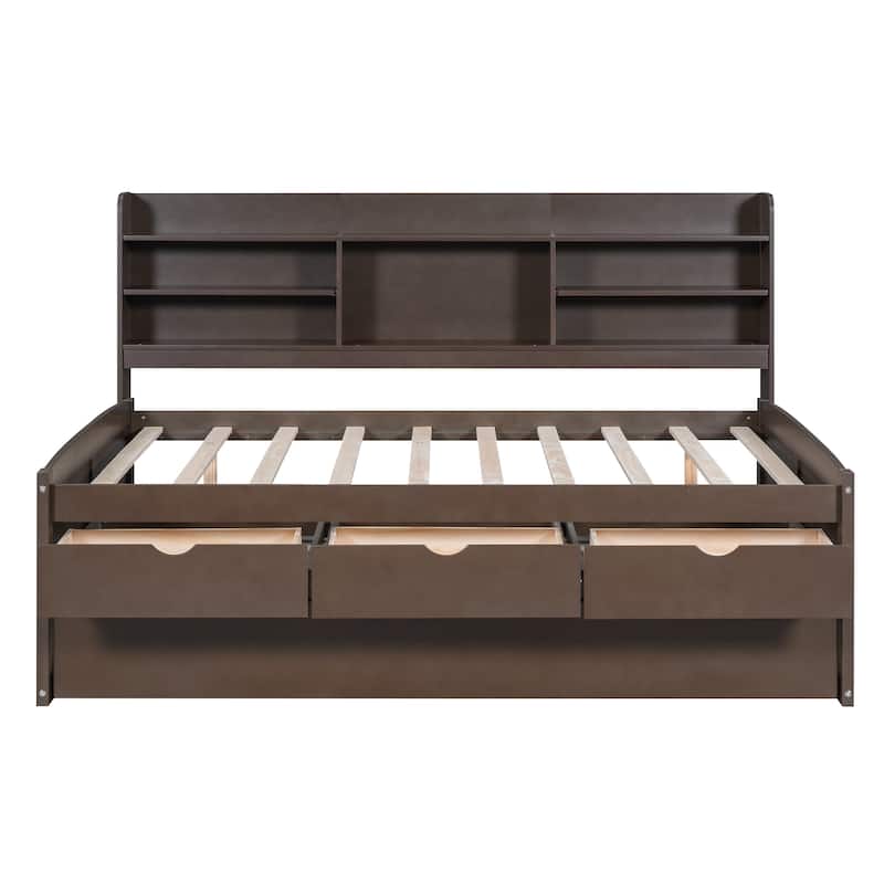 Full Size Wooden Captain Bed with Built-in Bookshelves,Three Storage Drawers and Trundle